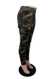 Tintengrüne, lässige, Camouflage-Print-Patchwork-Jeans mit Gürtel, hoher Taille und Röhrenjeans