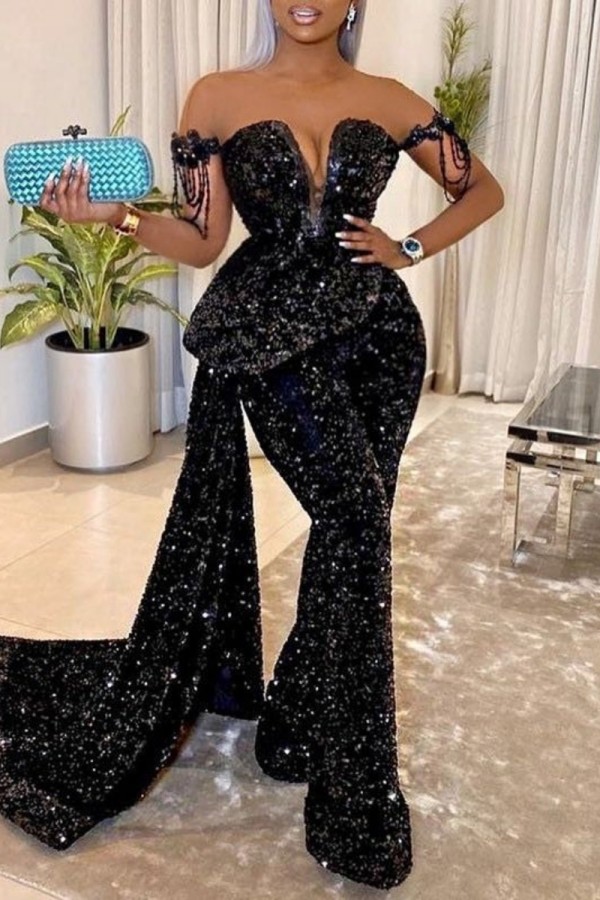 Black Sexy Formal Patchwork Sequins Backless Off the Shoulder Skinny Jumpsuits (Subject To The Actual Object)