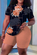 Black Orange Casual Floral Print Basic O Neck Short Sleeve Two Pieces T-shirt Tops And Short Set