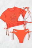 Tangerine Red Sexy Print Bandage See-through Swimsuit Three Piece Set (With Paddings)