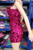 ローズレッドセクシーなソリッドスパンコールパッチワークスパゲッティストラップスリングドレスドレス
