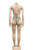 Sexy Frenulum-Badeanzug mit Leopardenmuster, dreiteiliges Set (ohne Polsterung)
