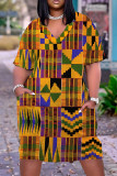 Vestido de manga corta con cuello en V básico estampado casual multicolor