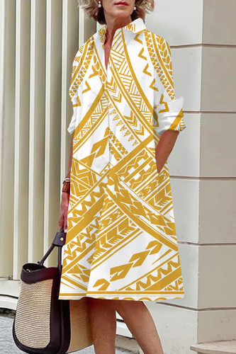 Geel-witte casual print-basic overhemdkraag-jurken met lange mouwen