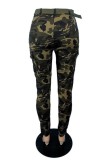 Inktgroene casual camouflageprint patchwork met riem, skinny denim jeans met hoge taille