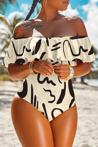 Cream White Sexy Sportswear Print Patchwork Swimwears (With Paddings)