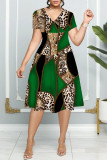 Green Casual Print Basic V Neck Short Sleeve Dress
