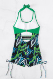 Green Sexy Print Hollowed Out Draw String Frenulum Backless Swimwears (With Paddings)
