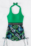Green Sexy Print Hollowed Out Draw String Frenulum Backless Swimwears (With Paddings)