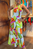Multicolor Casual Daily Elegant Vacation Simplicity Mixed Printing Printing Contrast Halter Dresses
