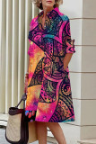 Разноцветный Повседневный принт Базовые платья с рубашечным воротником и длинным рукавом