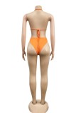 Ensemble trois pièces de maillot de bain Frenulum imprimé sexy orange (sans rembourrage)