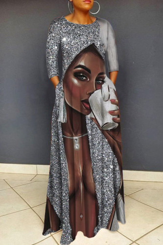 Grey Brown Casual Print Basic O Neck Long Dress Dresses