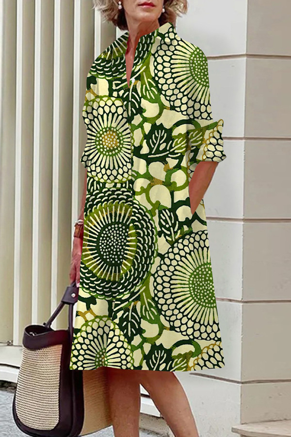Зеленые повседневные базовые платья с рубашечным воротником и длинным рукавом с принтом