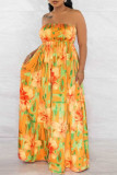 Yellow Sexy Casual Print Backless Strapless Regular Jumpsuits