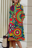 Разноцветный Повседневный принт Базовые платья с рубашечным воротником и длинным рукавом