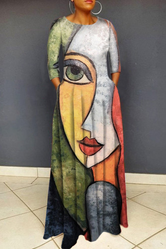 Multicolor Casual Print Basic O Neck Long Dress Dresses