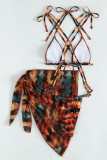 Brown Sexy Sportswear Tie Dye Bandage Patchwork 3 Piece Sets
