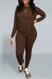 Brown Casual Solid Basic O Neck Long Sleeve Two Pieces