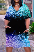 Синее повседневное базовое платье с коротким рукавом и V-образным вырезом с принтом