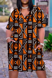 Schwarz-orangefarbenes, lässiges, kurzärmliges Basic-Kleid mit V-Ausschnitt