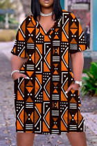 Oranje casual print Basic jurk met V-hals en korte mouwen