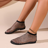 Khaki Casual Hollowed Out Patchwork Rhinestone Round Flats Shoes
