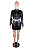 Coffee Casual Solid Patchwork Zipper Collar Long Sleeve Two Pieces Crop Tops And Skirt Sets