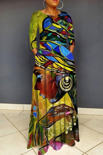Green Yellow Casual Print Basic O Neck Long Dress Dresses