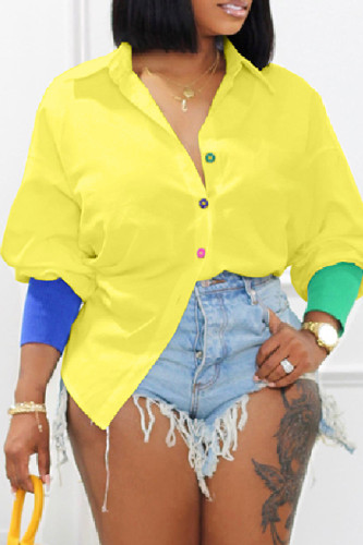 Top con colletto della camicia a contrasto patchwork solido casual giallo
