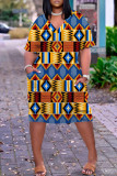 Blau-gelbes, legeres, kurzärmliges Basic-Kleid mit V-Ausschnitt und Print