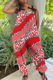 Red Casual Print Backless Spaghetti Strap Regular Jumpsuits