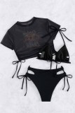 Черный сексуальный прозрачный купальник с принтом и повязками, комплект из трех частей (с подкладками)