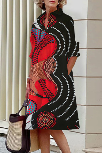 Черно-красные повседневные базовые платья с рубашечным воротником и длинными рукавами с принтом
