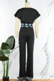 Black Casual Patchwork Basic O Neck Short Sleeve Two Pieces