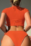 Tangerine Red Sexy Print Bandage Durchsichtiger Badeanzug Dreiteiliges Set (mit Polsterungen)