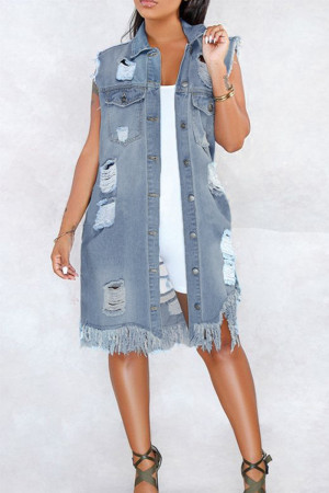 Light Blue Street Solid Tassel Ripped Patchwork Pocket Buckle Turndown Collar Sleeveless Loose Fringe Hem Distressed Ripped Denim Jacket