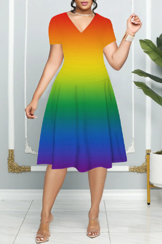 Colour Casual Print Basic V Neck Short Sleeve Dress