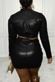Black Casual Solid Patchwork Zipper Collar Long Sleeve Two Pieces Crop Tops And Skirt Sets