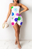 Blue Sexy Casual Print Patchwork Backless Strapless Wrapped Skirt Dresses