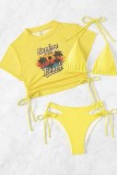 Yellow Sexy Print Bandage See-through Swimsuit Three Piece Set (With Paddings)