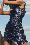 チベットブルーのセクシーなソリッドスパンコールパッチワークスパゲッティストラップスリングドレスドレス