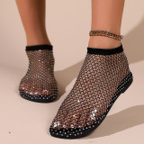 Zapatos planos redondos con diamantes de imitación y retazos ahuecados informales de color caqui
