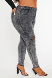 Black Gray Casual Solid Ripped Plus Size Jeans