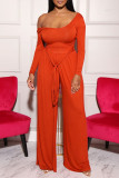 Tangerine Red Casual Solid Bandage Patchwork Off the Shoulder Long Sleeve Two Pieces