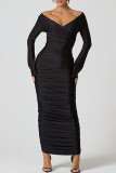 Robe longue noire élégante en patchwork uni à épaules dénudées