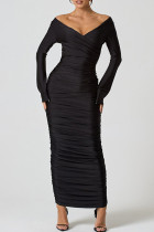 Zwarte elegante effen patchwork off-shoulder lange jurkjurken