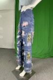 Blue Casual Patchwork Hollowed Out Mid Waist Straight Denim Jeans (Subject To The Actual Object)