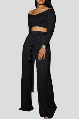 Black Casual Solid Bandage Patchwork Off the Shoulder Long Sleeve Two Pieces