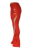 Красные сексуальные уличные однотонные рваные лоскутные карманы с перекрестными ремнями большого размера